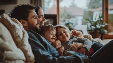 Obraz premium Parents and children lounging on the couch, watching cartoons together during a cozy family morning.