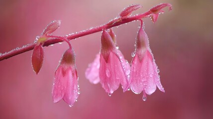 Dew-Kissed Pink Blossoms on Branch with Soft Background. Delicate Spring Beauty with Fresh Morning Dew and Ethereal Atmosphere.