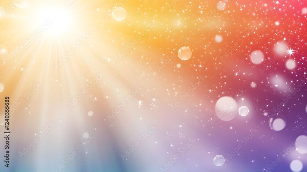 Poster magical rainbow light rays background with bubbles and stars