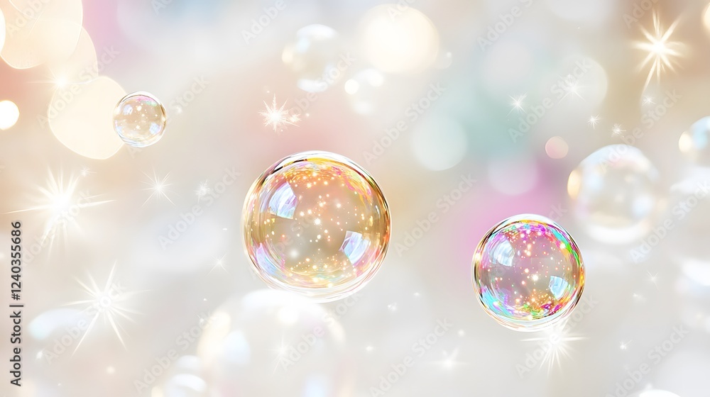 Poster magical iridescent soap bubbles floating in a dreamy light bokeh background