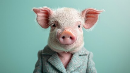 Fototapeta premium National pig day. Stylish animal wearing a tailored business suit, captivates with its adorable expression. Set against a light backdrop, it embodies charm and whimsy with a touch of professionalism