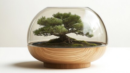 Miniature Bonsai Tree In Glass And Wood Enclosure