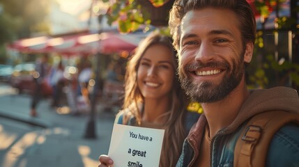 World compliment day handsome man stands outdoors, holding a white poster that delivers an encouraging message. He is accompanied by a smiling friend in bustling, sunlit setting filled with greenery