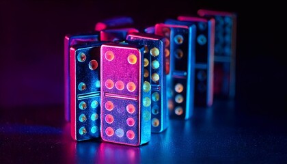 Neon domino game pieces arranged artistically in vibrant lighting