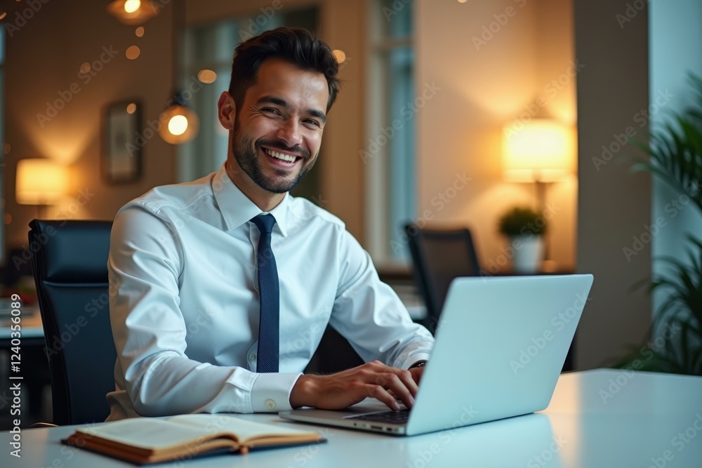 Poster man is smiling while working on his laptop at table
