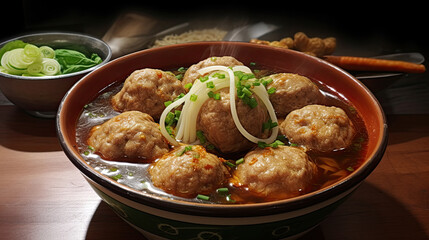 Steaming Bowl of Meatball Soup with Noodles