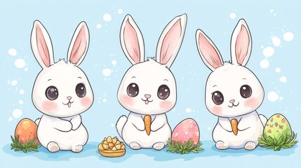 Obraz premium A set of stickers designs featuring an Easter bunny with a carrot, an eggshell, and a cupcake on a white background.