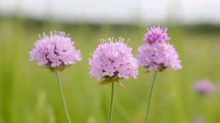 Fototapeta premium Stunning Closeup of Three Pink Scabiosa Flowers in a Lush Green Meadow