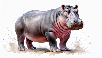 Obraz premium Hippopotamus standing on its paws in watercolor art on a white background