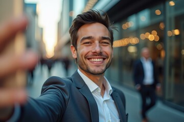 Handsome young businessman with dark hair wearing navy suit taking selfie smiling on city street urban background daytime professional lifestyle technology business