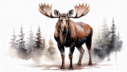 Moose standing on paws in a watercolor style on a white background with a forest setting