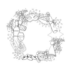Happy Purim symbols round frame template with copy space black and white vector illustration in line style. Jewish holiday menorah, Torah megillah with mask, raashan, sparkler and cookies for coloring