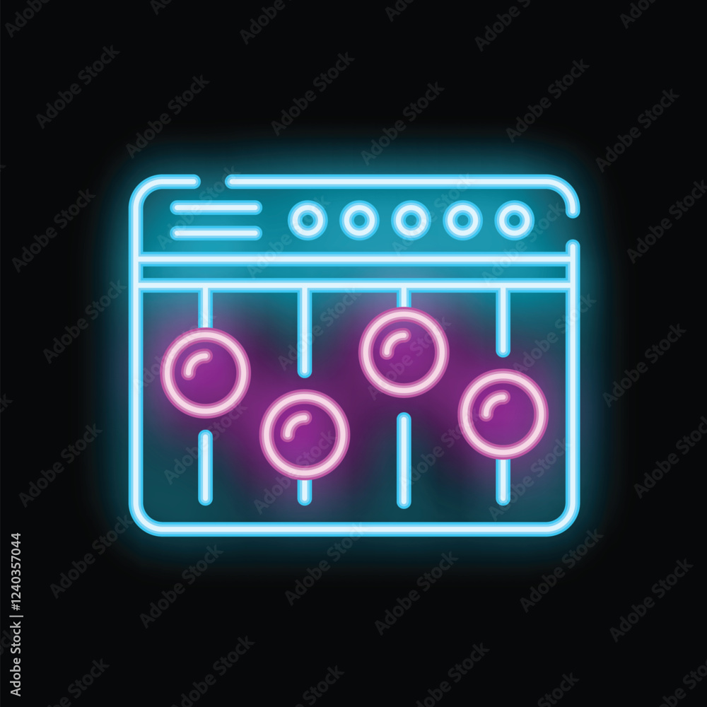 Poster glowing neon icon representing an audio control panel, featuring faders and knobs for sound adjustme