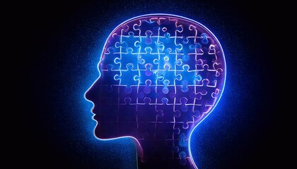Fototapeta premium Puzzles forming the silhouette of a human head illuminated in neon colors