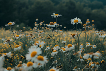 Beautiful daisies on a meadow at sunset. Chamomile field. Generative AI