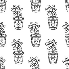Outline seamless pattern with eco flower in biodegradable cup for sustainability