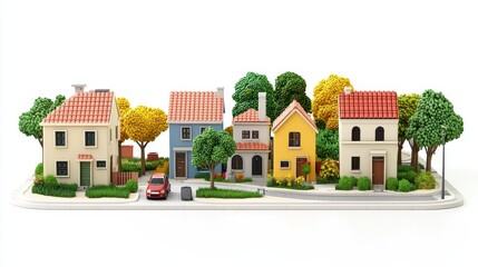 Charming Pixel Art Suburban Street with Colorful Houses and Lush Greenery