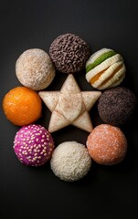 Contemporary Purim Elegance Assorted Gourmet Sweets in Star of David Pattern on Textured Background - Holiday Season Confectionery Design for Event Planners and Culinary Stylists