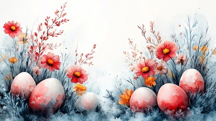 Easter celebration wallpaper with beautiful flowers and eggs baby blue background spring vibes artistic design