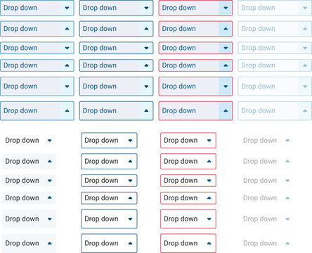 Drop down menu icon on white background. List bar. Navigation element. Arrow, show more, less. Web ui for apps. Colored flat design. Vector illustration.