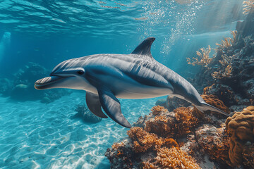 Fototapeta premium wild dolphin swimming near a coral reef