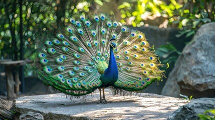 Obraz premium Peacock displaying its magnificent fan of iridescent tail feathers in full splendor.