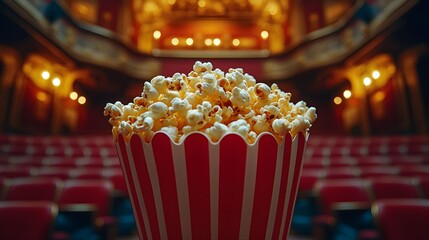 closeup photo of popcorn with cinema theater background