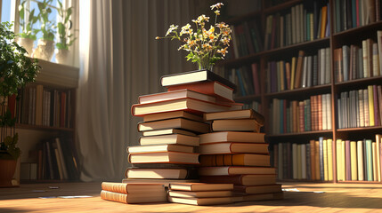 Obraz premium The image features a stack of books in a 3D render, symbolizing digital learning and online education.