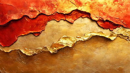 Obraz premium Layered metallic background with rich textures, combining gold, red, and bronze hues. Cracked and embossed details