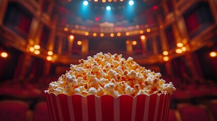 closeup photo of popcorn with cinema theater background