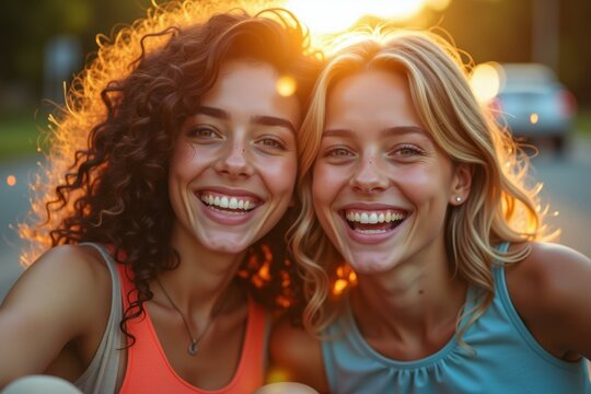 Influencer search engine empathetic Affirmations mirror Self-compassion Jaw filler Skin type Kindbody Trip cbd Epycure Thursday dating app Two happy young women with curly and straight hair smiling e