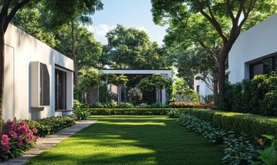Serene Modern Villa Garden Oasis: Lush Greenery and Architectural Harmony