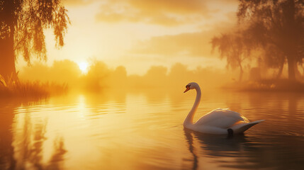 Fototapeta premium swan on the lake at sunset
