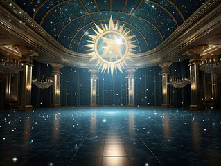 Grand Ballroom with Sparkling Dance Floor and Golden Chandelier