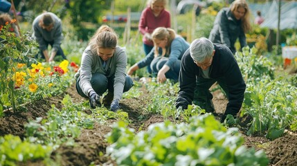 People from different age groups working together in a community garden, planting vegetables and flowers.