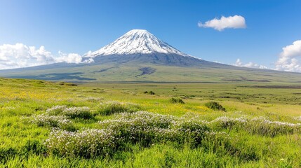 Fototapeta premium Snow-capped mountain, wildflowers, sunny day, Caucasus landscape, travel