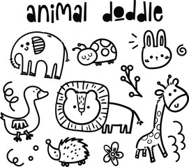 Vector Outline Black and White Cartoon Safari Jungle wild Animals. Hand Drawn Cute Animals in Sketch Style. Doodle Line Art Illustration.