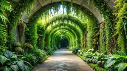 Fototapeta premium Serene Pathway Through Lush Verdant Tunnel of Intertwined Foliage and Vibrant Greenery