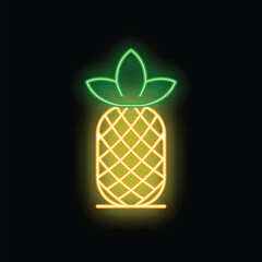 Neon sign illuminating a pineapple with bright yellow and green light