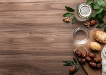 Elegant Ramadan Minimalism Natural Date and Walnut Iftar Setting with Wooden Elements - Cultural Dining Design for Hospitality and Restaurant Promotions