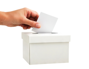 Hand putting ballot paper in the box, isolated on transparent cutout background