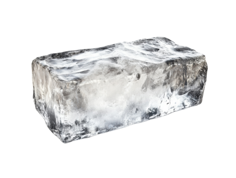 The image shows a single large block of ice with an irregular rectangular shape against a black background.