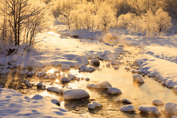 winter landscape with frost trees and river