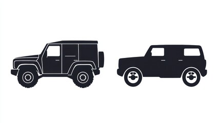 Fototapeta premium Auto vehicle icons depicting a rugged SUV and a compact car in silhouette style for graphic design projects. Generative AI