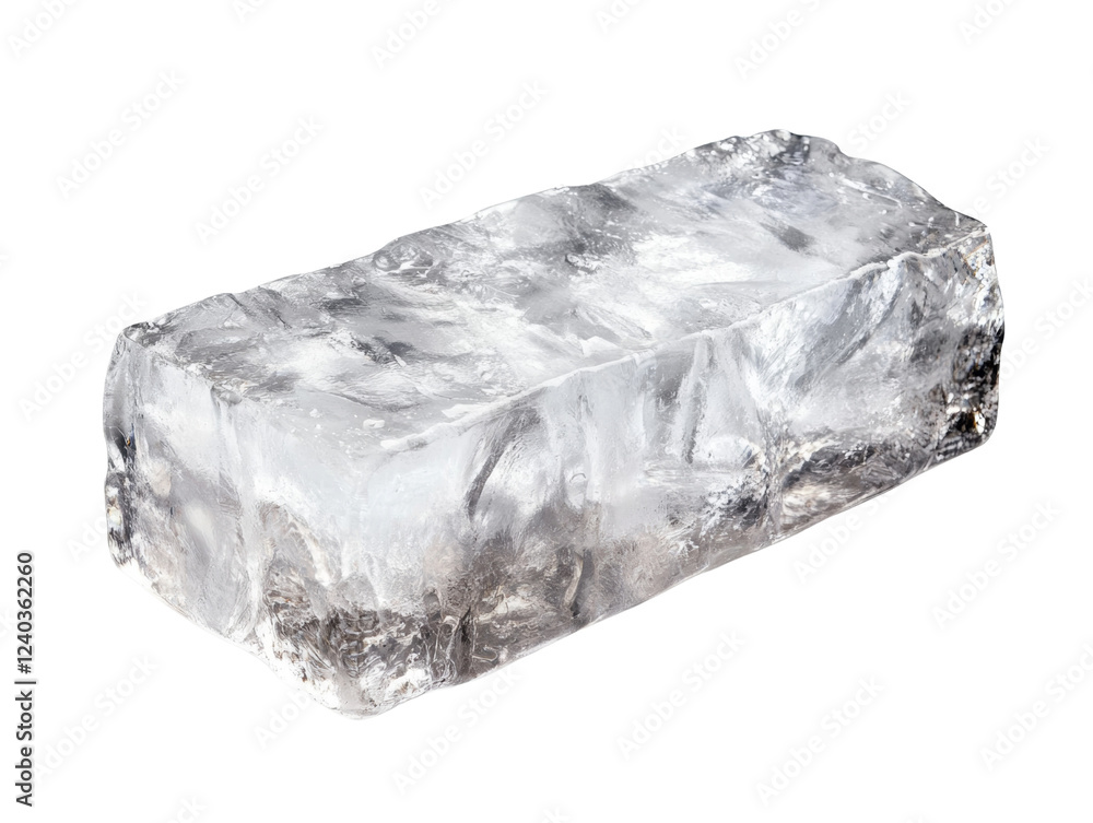 Aufkleber the image shows a single, large, rectangular block of clear ice isolated on a black background.