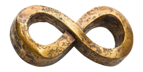 Aged metallic infinity loop with antique finish, isolated on transparent cutout background