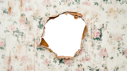 Torn floral wallpaper with a hole in the center, isolated on transparent cutout background