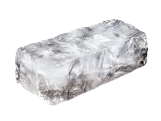 The image shows a single, large, rectangular block of clear ice isolated on a black background.