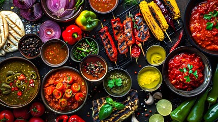 Fototapeta premium Spicy and Savory Food Spread with Grilled Corn on the Cob and Skewered Meat