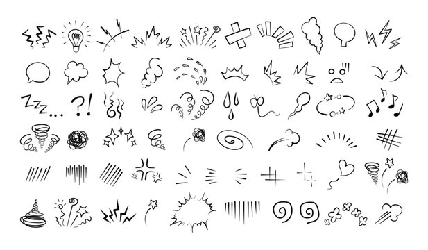 Manga or anime comic emoticon element graphic effects hand drawn doodle vector illustration set isolated on white background. Cartoon style manga doodle line expression scribble anime mark collection.